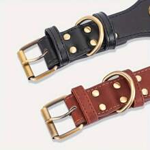 1Pc Heavy Duty Leather Dog Collar, Handcrafted Luxury Pet Collar With Adjustable Buckle, Soft Fitting, For Medium To Large Dogs, Dark Brown & Black With Gold Hardware And Turquoise Inlay.