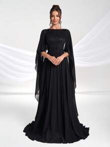 YISIKADO Women's Elegant Banquet Evening Dress, Sequin & Chiffon Dress, Party Dress, Wedding Guest Dress, Formal Dress,Gown - 黑色 - 查看 4