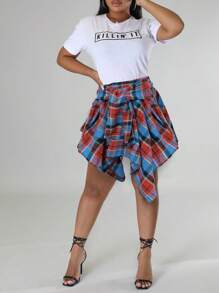 Plus Size Hip Hop Plaid Skirt 2025 - Women's Streetwear Tartan Skirt With Detachable Sleeves, Multi-Color Rap Style Skirt, High Waist A-Line Skirt With Belt (0X-5X) - 寶藍色 - 查看 8