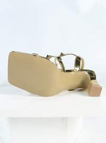 planare Women's Fashion Lady Gold Studded Patent Leather Strappy Chunky Mid Heel Sandals With Adjustable Buckle Ankle Wrap, Sexy Square Open Toe Mid Block Heel High Heels For Ladies, Elegant Stable Easy Walking Kitten Heel Summer Daily Outdoor Footwear, Well Fit For Party Prom Wedding Dating Office Daily Wear, Match For Dressy Skirts Outfits