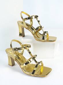 planare Women's Fashion Lady Gold Studded Patent Leather Strappy Chunky Mid Heel Sandals With Adjustable Buckle Ankle Wrap, Sexy Square Open Toe Mid Block Heel High Heels For Ladies, Elegant Stable Easy Walking Kitten Heel Summer Daily Outdoor Footwear, Well Fit For Party Prom Wedding Dating Office Daily Wear, Match For Dressy Skirts Outfits