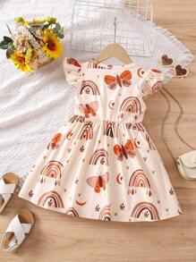 年轻女孩休闲彩虹蝴蝶印花无袖圆领连衣裙，适合日常休闲、旅行、派对、户外穿着、夏季 - 杏色 - 查看 4