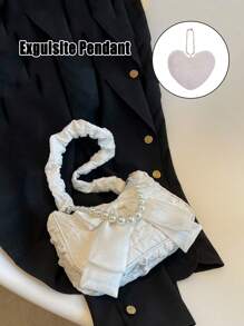 1pc Bow Knot Pearl Nylon Zipper Closure Cute Versatile Shoulder Bag, Suitable For Daily Use - White + Love Pendant - View 3