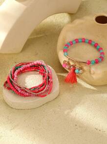 Set de 9 piezas Brazaletes de mujer con cuentas de vidrio y borlas, estilo bohemio con cadena metálica