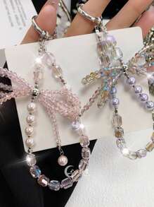 1 件水晶蝴蝶结手机链带、3D 水晶蝴蝶钥匙扣吊饰、珍珠手腕手机挂绳 - 彩色 - 查看 4