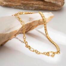Uself 1 pieza Collar retro chapado en oro de 18K de acero inoxidable resistente al agua, minimalista, regalo de fiesta, collar con forma de O y punto hecho a mano, joyería para apilar, adecuado para uso diario, vacaciones, playa, etc.