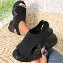Damen Plateausandalen einfarbig, Lässig Offene Zehen Plateau-Sohle Schuhe, Sommer Schnür-Sandalen Modische Sneaker - Schwarz - Übersicht 5