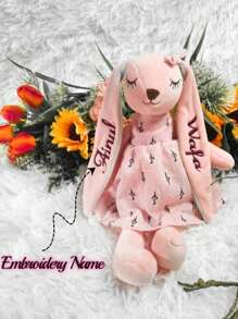 Customized Embroidered Text Rabbit Plush Doll - Rabbit Ears Can Be Embroidered With Custom Text/Name On Single Or Both Ears, Back To School Gift, Bunny Dress, Decorative Rabbit, Gift For Girlfriend, Kid's Birthday, Newborn, New Mom, Anniversary, Party Decor - Pink - View 1