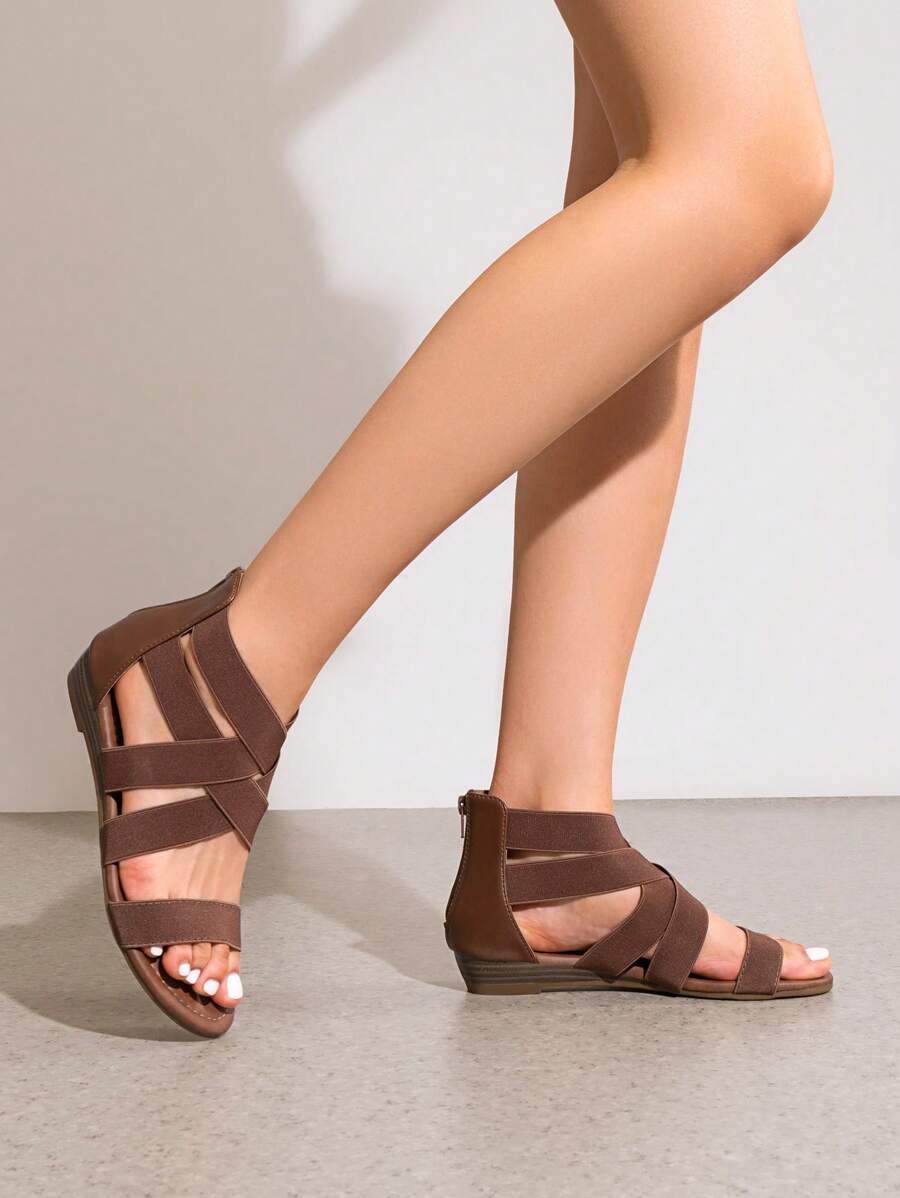 Women's Low Wedges Sandals Elastic Ankle Strap Style Cute Gladiator Sandals With Back Zipper Versatile Beach Wedding Summer Vacation Flat Sandals Shoes - 棕色 - 查看 1