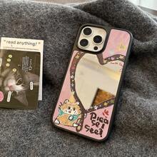 GUCADI 1 st. Zwarte Kat & Ster Decoratieve Spiegel Harde Telefoonhoes met Liefdeskralen Lanyard, Compatibel met 16/15/14/13 Serie, Schattig Cartoon Kattenontwerp, Niche Stijl
