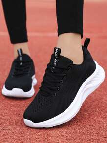1 双女士时尚黑色跑步鞋，透气防滑运动鞋，轻便舒适的户外运动鞋，休闲系带户外旅行鞋，软底低帮 - 黑與白 - 查看 3