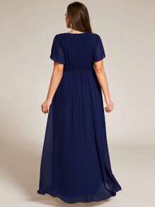 EVERPRETTY Plus Chiffon Elegant Round Neck Ruched High Low Hem Formal Dresses, Bridesmaid Dress - Navy Blue - View 2