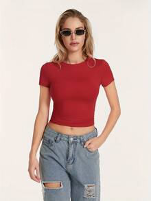 Women's Summer Casual Tops Short Sleeve Crewneck Solid Color Slim Fit Baby T-Shirt - 紅色 - 查看 1