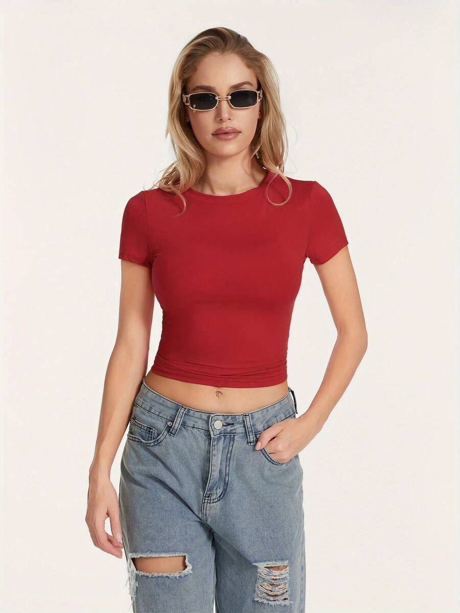 Women's Summer Casual Tops Short Sleeve Crewneck Solid Color Slim Fit Baby T-Shirt - 紅色 - 查看 1