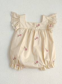 Baby Girls Lace Collar Embroidery Bodysuit With Cap Sleeves - Apricot - View 2