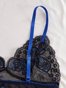 2 件套女士性感内衣套装，蕾丝杯无钢圈文胸和开裆内裤，蝴蝶图案，舒适贴身内衣，情侣贴身卧室服装，春夏 - 藍色 - 查看 4