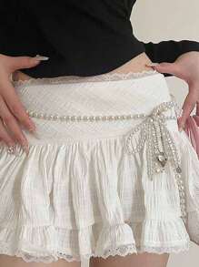 1pc Women Waist Chain, Fresh Small Pearl Waist Chain, Fashion Versatile Elegant Design Inspiration Dress Accessory, Adjustable Body Chain Waist Decor, Korean Style Fresh Sweet Dress Waist Chain, Simple Vintage Personalized Metal Body Chain - White - View 6