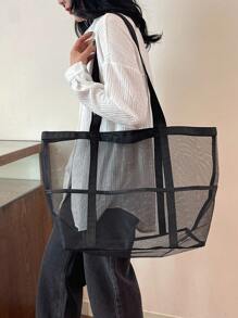 2024新款沙滩网眼透明手提包，可挖沙，适合海边度假，网眼手提包，书包，便携，可折叠，商务休闲风，适合青少年、女性、大学生、教师、职场新人及白领人士，可用于大学、度假、海滩、假日、购物等场合，完美搭配女性度假装束，是教师节最佳礼物，也是最热门的女士沙滩包，沙滩必备品，沙滩用品及夏季必备品，最新款假日包，教师礼物 - 黑色 - 查看 5