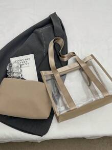 PVC Transparent Tote Bag For Women, Large Capacity Shoulder Bag For Daily Use & Commute - Khaki - View 7