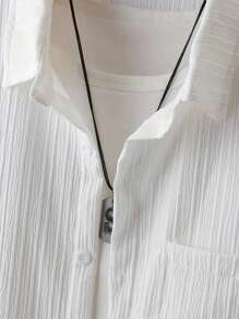 2 Pieces Tween Boy Loose Casual Jacquard Stripe Woven Shirt And Pants Pocket Set - White - View 3