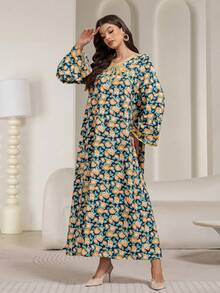 Women Arabic Print Long Sleeve Dress For Spring & Summer,Modest - Yellow - View 2