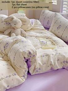 4pcs Bedding Set, Soft Lavender Print Duvet Cover, Suitable For Double Bed Or Single Dorm, Daily Use Beddings Include 1 Duvet Cover, 1 Flat Sheet, 2 Pillowcases (Filler Not Included)