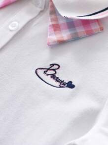 Top Polo Feminina, Estilo Casual Elegante Escolar com Bordado Xadrez, Cor Contrastante na Gola, Camiseta de Manga Curta, Tops de Cor Sólida Respiráveis e Macios, Novos Lançamentos de Verão para Meninas Pré-Adolescentes e Crianças