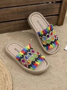 女孩彩色编织流苏装饰凉鞋，时尚波西米亚风格，适合海滩、日常穿着、散步 - 棕色 - 查看 7