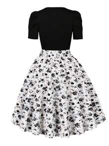 Summer Elegant Retro Floral Print Puff Sleeve Round Neck Knee Length Casual Party Dress