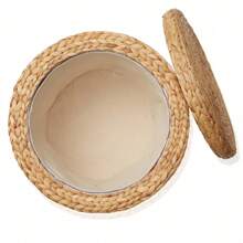 17" Round Storage Ottoman With Lid - Natural, Handwoven Water Hyacinth Footstool For Living Room, Bedroom, Bathroom, Home Office - 黃色 - 查看 6
