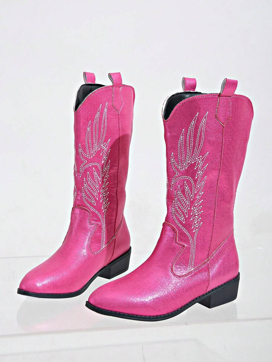 Women's Fashionable Embroidery & Leather Western Boots, Pink Cool Punk Style Chelsea Mid-Calf Boots, Low Chunky Heel - Pink - View 1