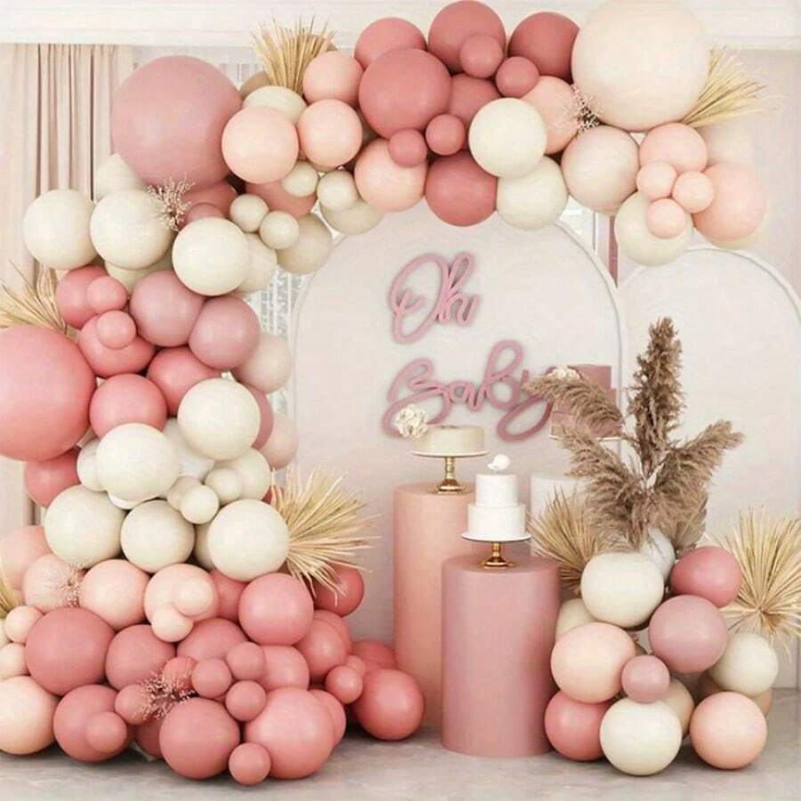 123pcs Cream Beige Pink Balloon Garland Arch Kit Rustic Wedding Decoration Engagement Baby Shower Girl Birthday Party Supplies Baptism Christening Pink Balloons Set - As Picture - View 1