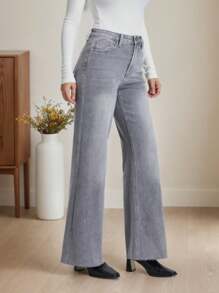 High Waisted Wide Leg Baggy Jeans Light Blue With Raw Hem - Stone Gray - View 3