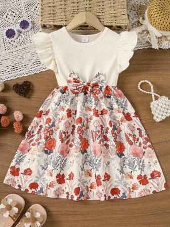 女童休闲华夫格纹理花卉印花喇叭下摆连衣裙，春夏