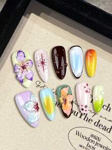 10 stuks kleurrijke amandelkunstnagels voor vingers met natuurlijke en gladde randen voor professionele nagelsalons (het werkelijke patroon kan enigszins afwijken van de afbeelding vanwege het handwerk)