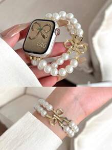 1PC Lśniąca złota kokarda zapięcie elastyczny pasek do zegarka Kompatybilny z paskiem Apple Watch Series Ultra 2 SE 10 9 8 7 6 5 4 3 2 1 Bransoleta z pereł sztucznych Pasek do zegarka Kompatybilny z paskiem Apple Watch 38 mm 40 mm 41 mm 42 mm 44 mm 45 mm 46 mm 49 mm