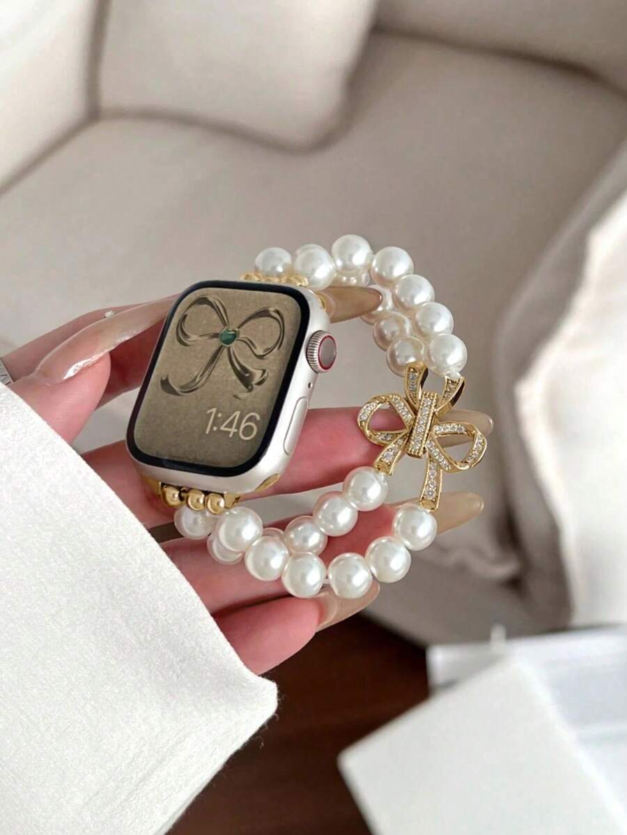 1PC Lśniąca złota kokarda zapięcie elastyczny pasek do zegarka Kompatybilny z paskiem Apple Watch Series Ultra 2 SE 10 9 8 7 6 5 4 3 2 1 Bransoleta z pereł sztucznych Pasek do zegarka Kompatybilny z paskiem Apple Watch 38 mm 40 mm 41 mm 42 mm 44 mm 45 mm 46 mm 49 mm