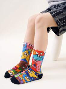 3 Pairs Of Spring And Autumn Mid Length Socks For Boys And Girls Aged 1-16, Personalized, Fashionable, Monster