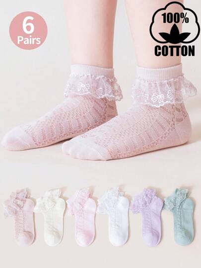 6 pares de calcetines de princesa de algodón con encaje y malla para niñas, adecuados para primavera/verano, ballet/danza