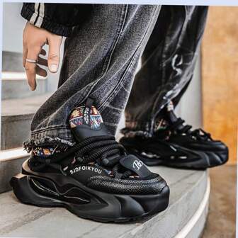 2025 Men's New Thick Sole Chunky Sneakers, Breathable Sport Casual Shoes, Lightweight Comfortable Versatile Low-Top Athletic Running Shoes, Anti-Slip , Lace-Up Black Shoes