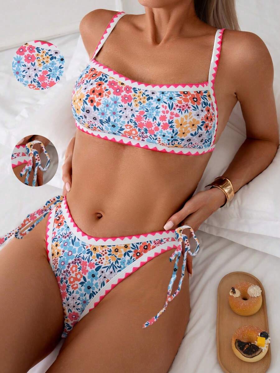 Ditsy Floral Frilled Drawstring Bikini Two Pieces Swimwear - Multicolor - View 1