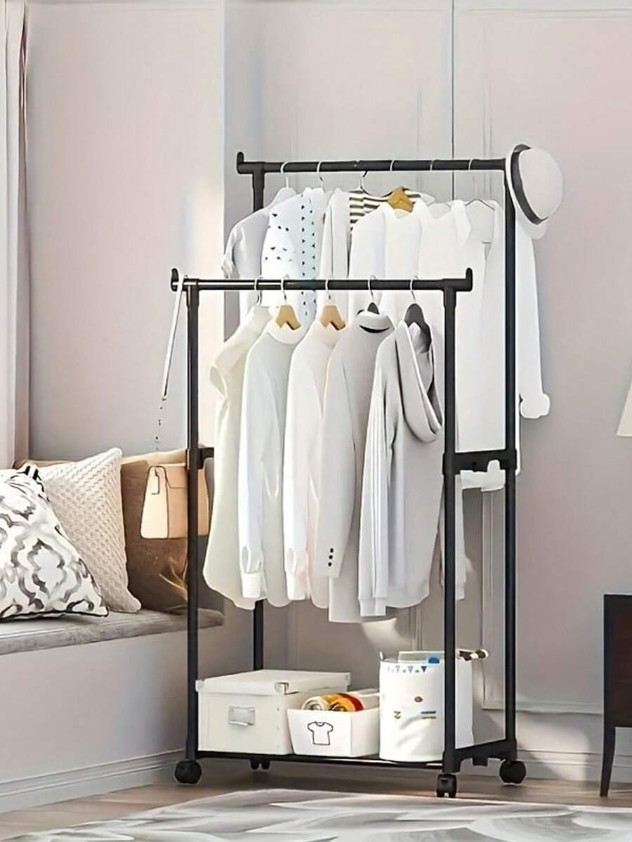 1 件独立式单/双杆晾衣架，室内阳台移动衣服挂架，适用于家庭/宿舍 - 黑色 - 查看 1