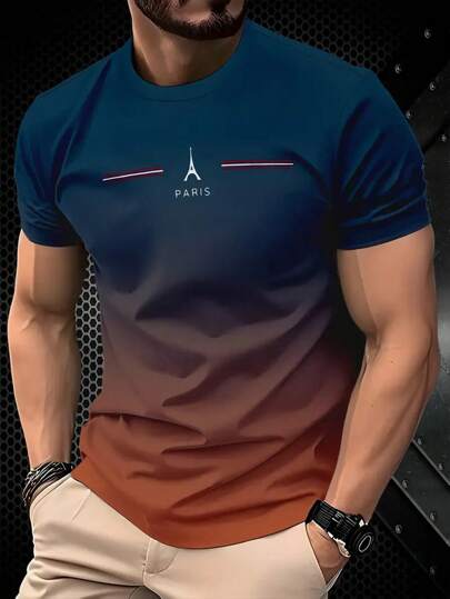 男士巴黎埃菲尔铁塔 3D 印花 T 恤 - 休闲短袖，夏季户外渐变设计 T 恤