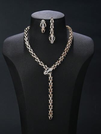 1 set de 3 pièces collier pendentif serpent et boucles d'oreilles en cuivre incrusté de zircone cubique de style bijou de luxe, assortiment de bijoux exagérés pour robe de soirée