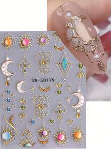 Autocollants pour ongles avec design de décalcomanie de mandala à croissant de lune, décoration d'ongles en relief 5D, motif de fleur de mandala coloré avec lignes dorées en métal blanc, style élégant rétro, autocollants adhésifs pour ongles, accessoires DIY pour salon de manucure, décoration d'ongles pour débutants DIY à la maison, cadeau pour femmes