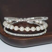 1pc 3-Row Crystal & Pearl Hinged Bangle Bracelet, Silver-Color, Bridal Wedding Party Gift Accessory - Silver - View 1