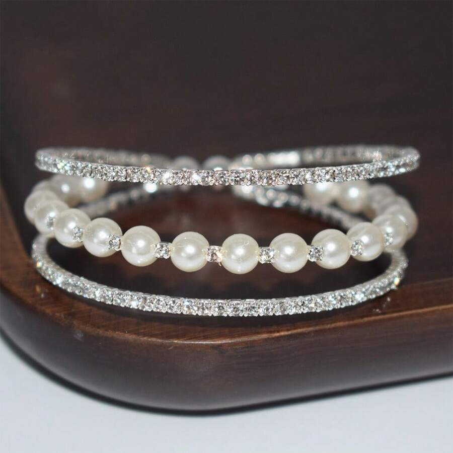 1pc 3-Row Crystal & Pearl Hinged Bangle Bracelet, Silver-Color, Bridal Wedding Party Gift Accessory - Silver - View 1
