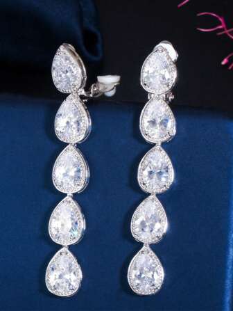 1 Pair Elegant Long Teardrop Cubic Zirconia Dangling Drop Clip On Wedding Bridal Earrings, Non-Pierced Silver Plated Jewelry For Women, Brides, Bridesmaids, Suitable For Engagement, Banquet, Pageant, Prom Accessories