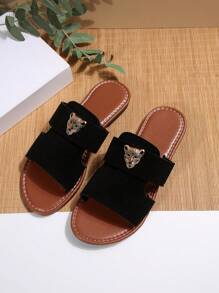 女士平底凉鞋，金属豹头装饰，绒面拼接设计，黑色沙滩鞋，优雅精致的度假风格，夏季女士平底拖鞋 - 黑色 - 查看 7