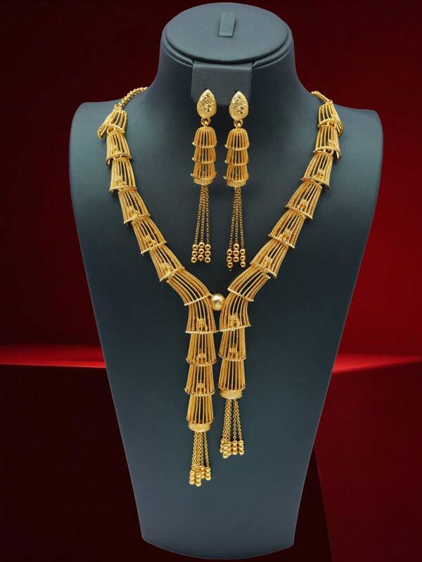 24K Gold Plated Copper Alloy 2pcs Earrings + 1pc Necklace Tassel Jewelry Set, Bohemian And Luxury Dubai Wedding Accessories, Ramadan Fashion Jewelry